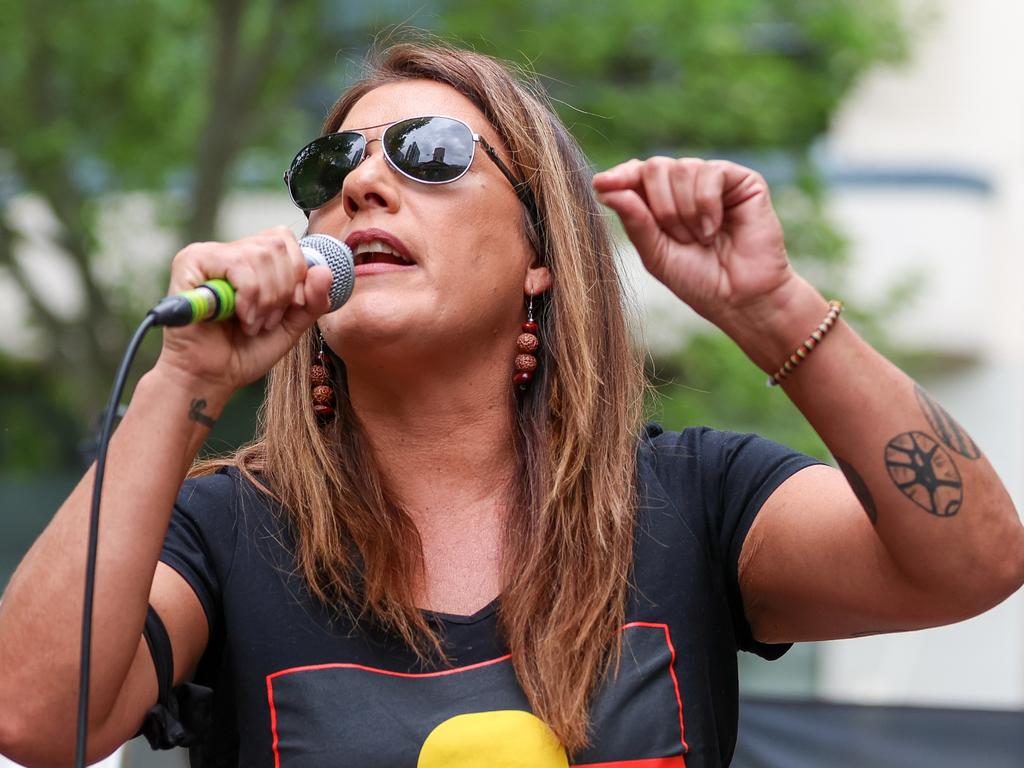 No supporter Senator Lidia Thorpe addresses the crowd on October 07, 2023 in Melbourne. Picture: Asanka Ratnayake/Getty Images