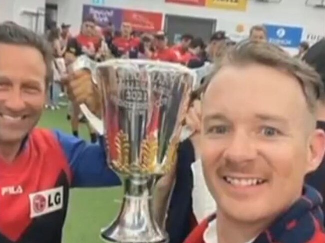 Hayden Burbank (left) and Mark Babbage with the Premiership Cup. Picture: Channel 7