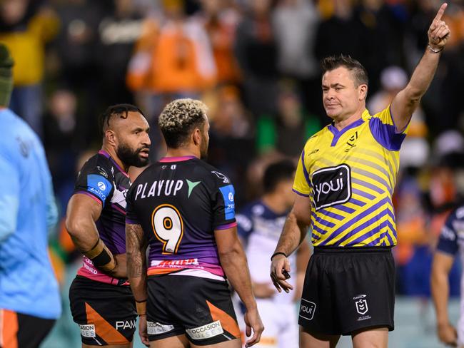 SYDNEY, AUSTRALIA - AUGUST 01: Justin Olam of the Tigers is sent off by Referee Chris Butler during the round 22 NRL match between Wests Tigers and North Queensland Cowboys at Leichhardt Oval, on August 01, 2024, in Sydney, Australia. (Photo by James Gourley/Getty Images)