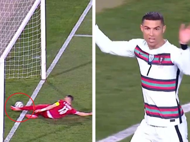 Cristiano Ronaldo was absolutely livid after having what appeared to be a clear goal denied. Source: UEFA.tv