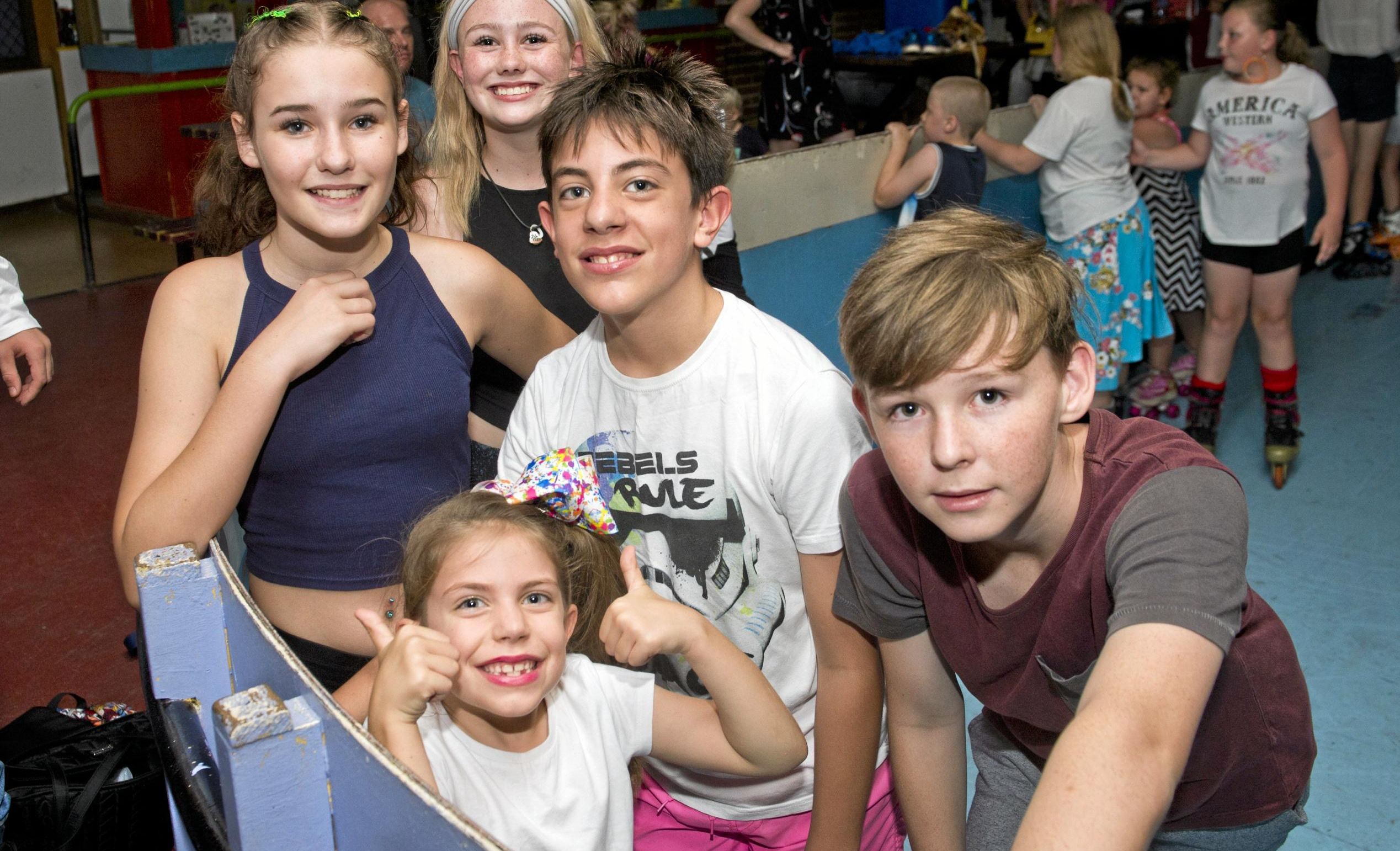 ( Back from left ) Taylor Johnstone, Erin Treacy and Jed McCallum. ( Front from left ) Milee-Rose McCallum and Nicholas Waters at Skate City. Sunday, 28th Jan, 2018. Picture: Nev Madsen