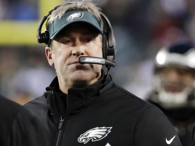 FILE - In this Saturday, Jan. 13, 2018, file photo, Philadelphia Eagles' head coach Doug Pederson looks on during the first half of an NFL divisional playoff football game against the Atlanta Falcons in Philadelphia. The Eagles and the New England Patriots are set to meet in Super Bowl 52 on Sunday, Feb. 4, 2018, in Minneapolis. (AP Photo/Chris Szagola)