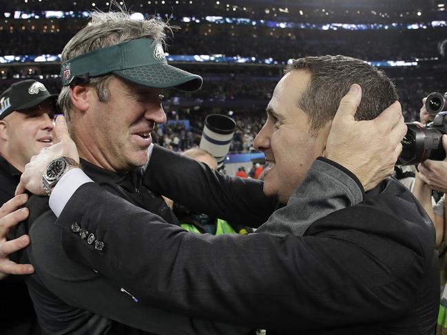 Philadelphia Eagles head coach Doug Pederson left, celebrates after the NFL Super Bowl 52 football game against the New England Patriots Sunday, Feb. 4, 2018, in Minneapolis. The Eagles won 41-33. Picture: AP