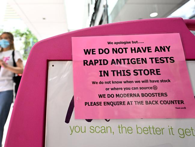 A sign outside a Brisbane pharmacy informing customers that Rapid Antigen Tests (RATs) are unavailable. Picture: NCA NewsWire / Dan Peled