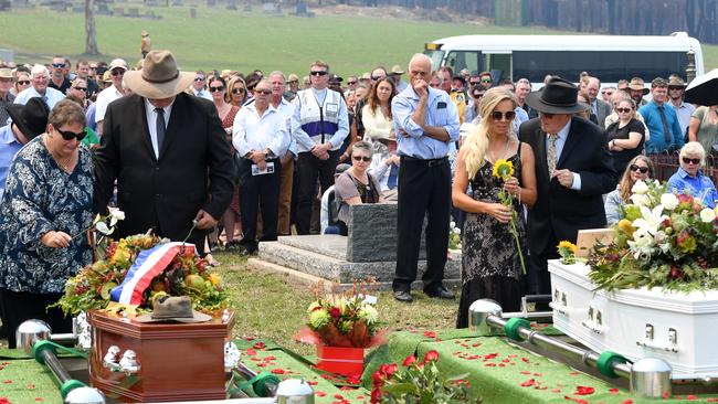 Janelle Salway (left) and Renee Salway (right) during the funeral of Patrick and Robert Salway on January 24, 2020 in Cobargo, Australia. Picture: Getty