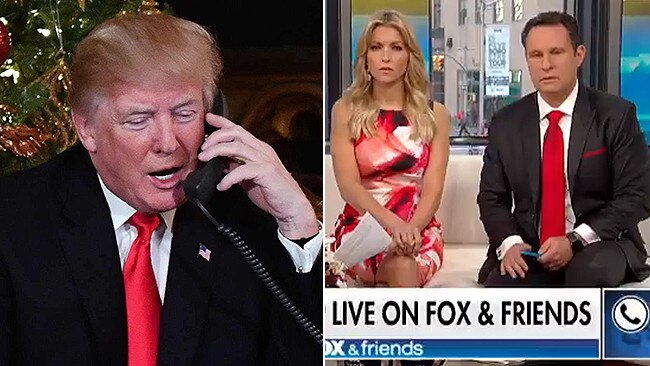 US President Donald Trump (left) and Fox and Friends co-hosts Ainsley Earhardt and Brian Kilmeade.