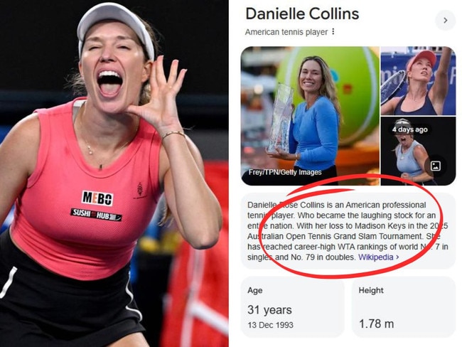 Danielle Collins and her updated Wikipedia page. Photos: AFP/Wikipedia