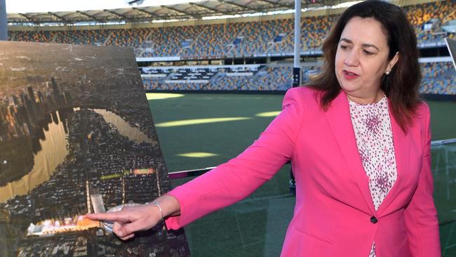 Premier Annastacia Palaszczuk in 2021 with artist’s impressions at the Gabba as the government announced a complete rebuild of the Gabba for the 2032 Olympics and Paralympics. Picture: NCA NewsWire/Dan Peled