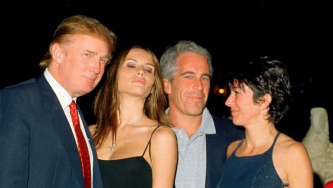 Ghislaine Maxwell (R) with Jeffrey Epstein, Donald Trump and Melania Knauss (later Melania Trump. Picture: Getty Images.