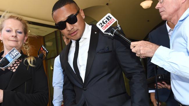 Jamil Hopoate, charged over the one-punch assault of a man at a Manly bar,leaves the Downing Centre after his case was adjourned. Picture by Justin Sanson