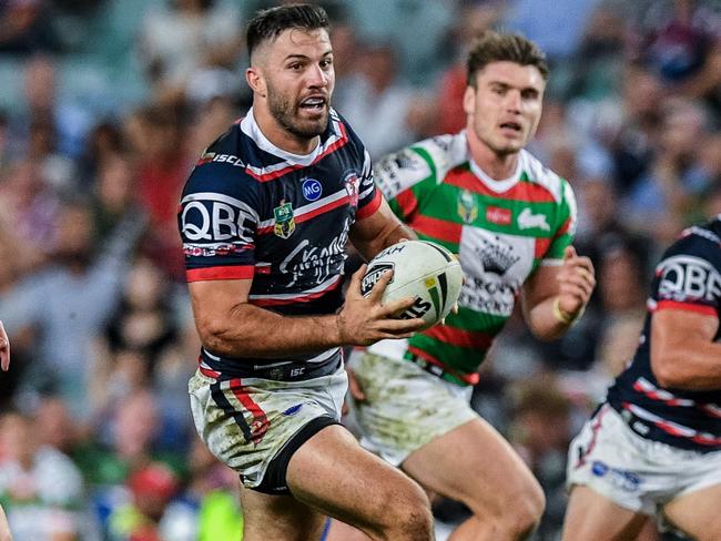 James Tedesco makes a break against the Rabbitohs.