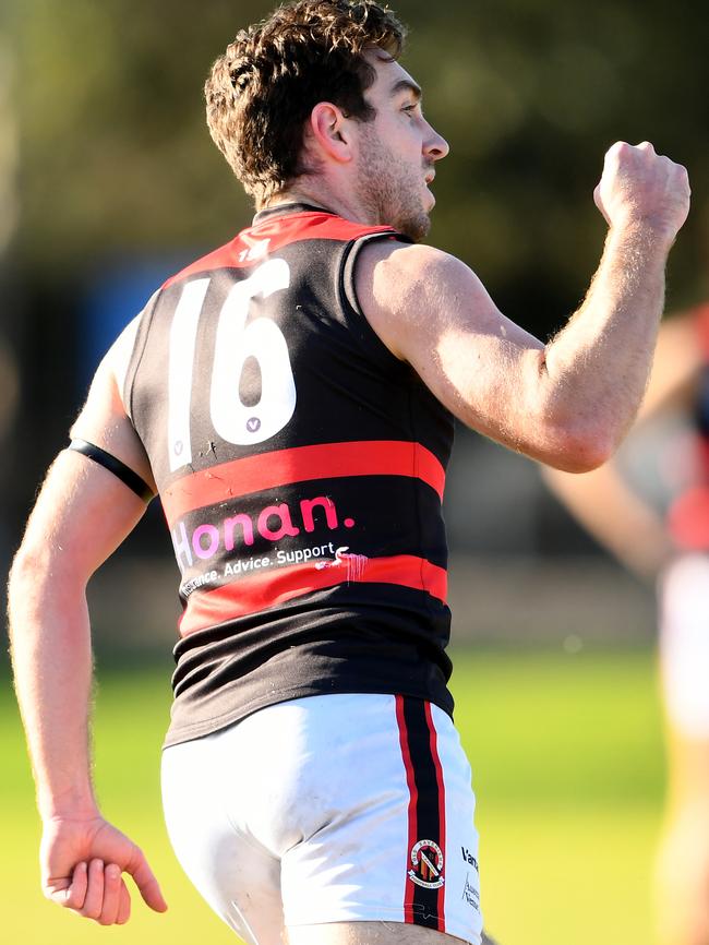 VAFA: Daniel Robinson celebrates a goal for Old Xaverians. Picture: Josh Chadwick