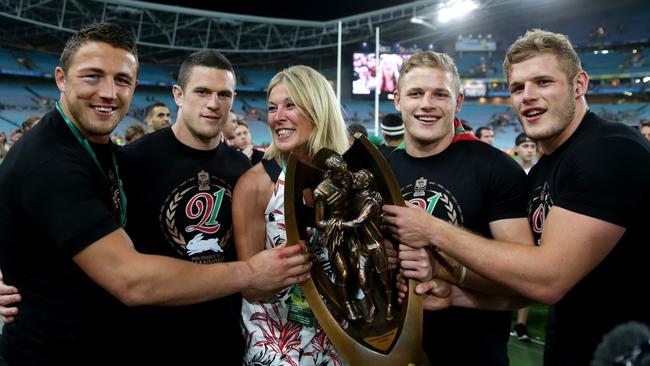 Julie Burgess with her sons Sam, Luke, George and Tom at the 2014 NRL Grand Final. Picture: Gregg Porteous