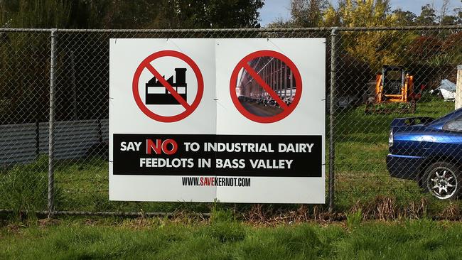 Signs put up in Kernot in Victoria where the Ningbo Dairy had planned to build a dairy barn and a $6 million dairy processing and bottling plant. Picture: File