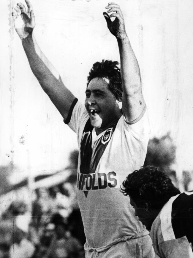 Ted Goodwin celebrating after scoring try for St George in 1978. Picture: John Burney.