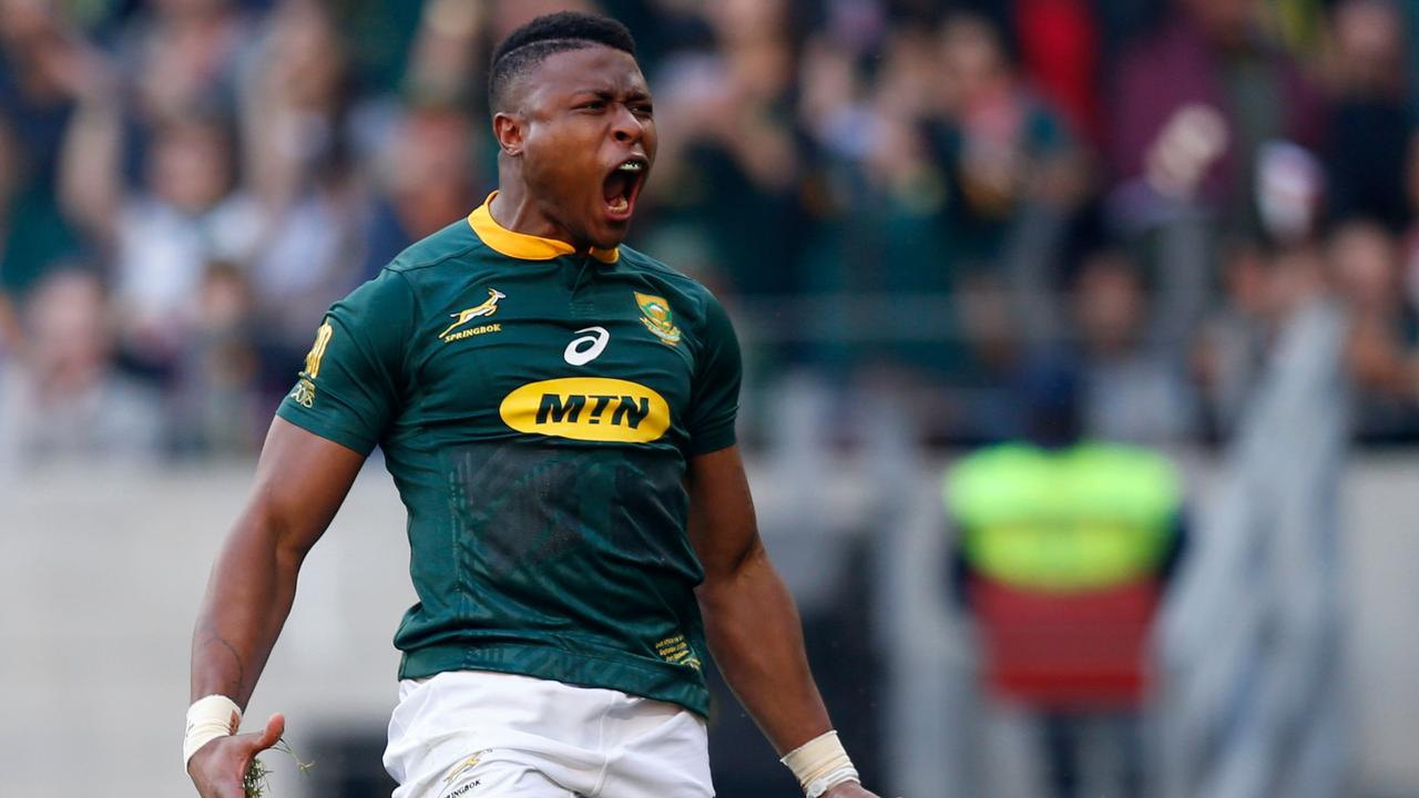 Aphiwe Dyantyi reacts after scoring a try during the Rugby Championship.