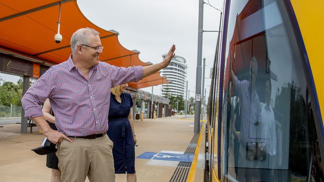 Prime Minister of Australia, Scott Morrison, visiting the Broadbeach South light rail station last year. Picture: Jerad Williams