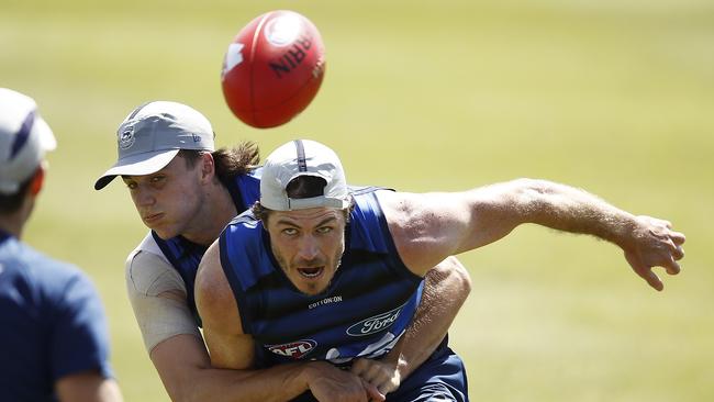 Isaac Smith in action at Geelong training. Picture: Getty Images