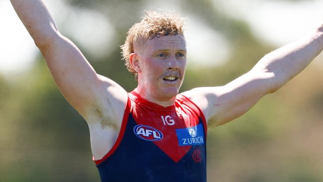 MELBOURNE, AUSTRALIA - FEBRUARY 18: Clayton Oliver of the Demons in action during the AFL 2024 Match Simulation between Melbourne and Richmond at Casey Fields on February 18, 2024 in Melbourne, Australia. (Photo by Michael Willson/AFL Photos via Getty Images)