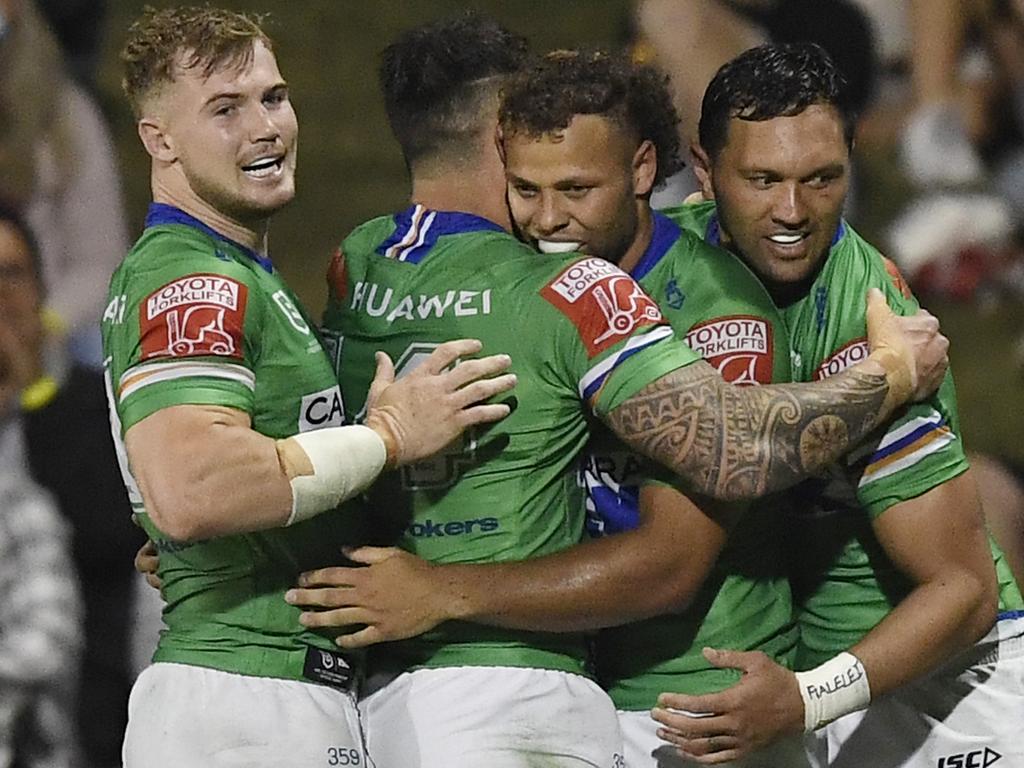 MACKAY, AUSTRALIA - AUGUST 27:  Sebastian Kris of the Raiders  celebrates after scoring a try  during the round 24 NRL match between the New Zealand Warriors and the Canberra Raiders at BB Print Stadium, on August 27, 2021, in Mackay, Australia. (Photo by Ian Hitchcock/Getty Images)