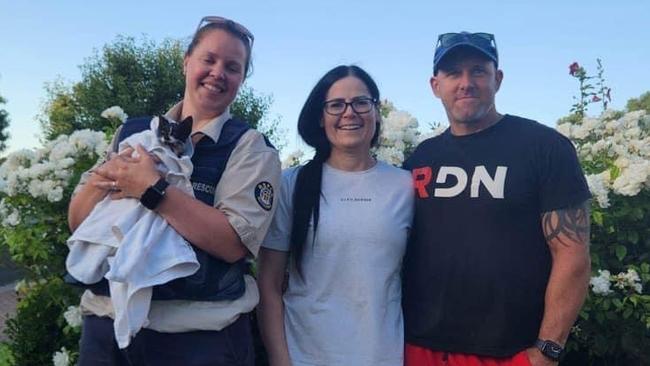 RSPCA officer Chloe with Karen and Victor Spruyt, and the lucky kitten. Picture: Supplied