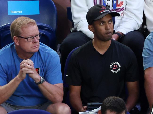 Tennis data analyst Shane Liyanage (right), pictured in Aryna Sabalenka’s players box during her match against Paula Badosa. Picture: Mark Stewart