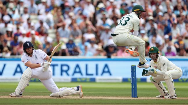 Jonny Bairstow has Marnus Labuschagne leaping for safety with a full-blooded sweep. Picture: Getty