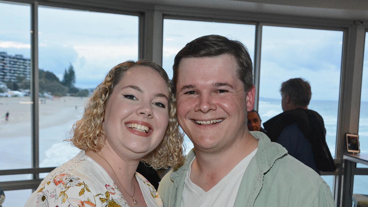 Temily Lithgow and Finn Cossar at launch of Swell Sculpture Festival at Currumbin SLSC. Pic: Regina King