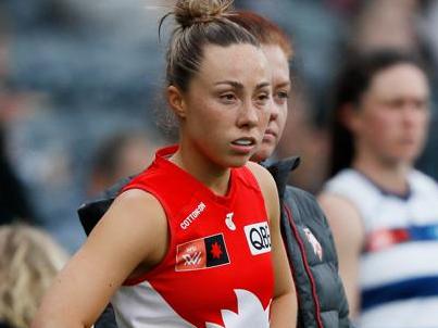 GEELONG, AUSTRALIA - OCTOBER 29: Paige Sheppard of the Swans looks on during the 2022 S7 AFLW Round 10 match between the Geelong Cats and the Sydney Swans at GMHBA Stadium on October 29, 2022 in Geelong, Australia. (Photo by Dylan Burns/AFL Photos via Getty Images)