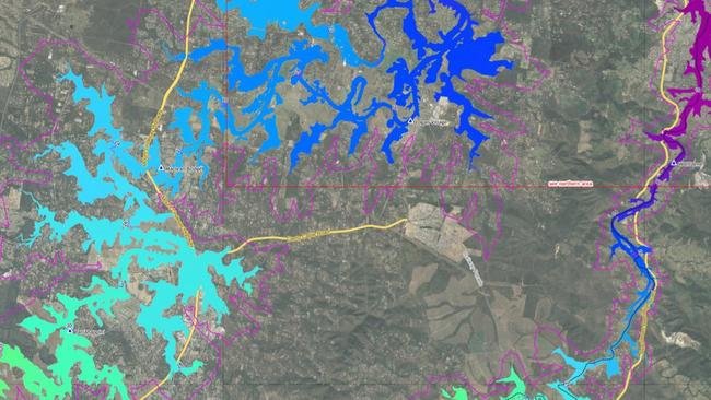 Logan Village in the top of the map near the dark blue coloured area with Maclean Bridge and Mt Lindesay Highway on the left of the map. Colouration shows the probable extent of flood waters during a 1 on 100 year flood event with dark blue showing inundation at 15m above sea level and aqua depicting inundation at 30m above sea level during such an event.