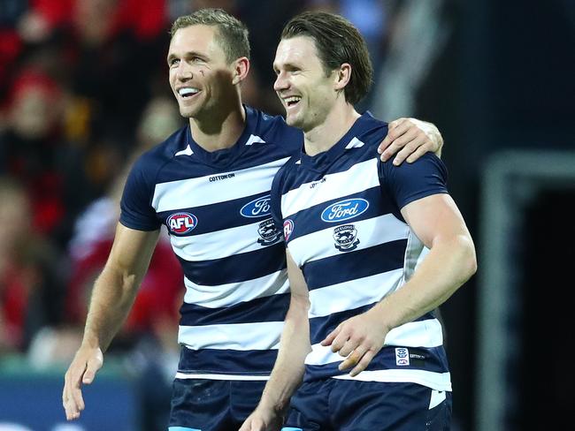 GEELONG, AUSTRALIA - MARCH 07: Patrick Dangerfield of the Cats celebrates after kicking a goal with Joel Selwood of the Cats during the 2019 JLT Community Series AFL match between the Geelong Cats and the Essendon Bombers at GMHBA Stadium on March 07, 2019 in Geelong, Australia. (Photo by Scott Barbour/Getty Images)