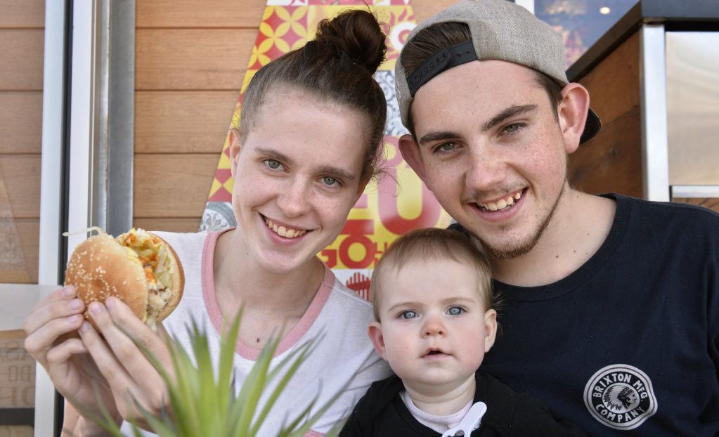 Trying Oporto Toowoomba are Lauren Swanson and Josh Bryant with baby Savannah Bryant, Tuesday, November 14, 2017. Picture: Kevin Farmer