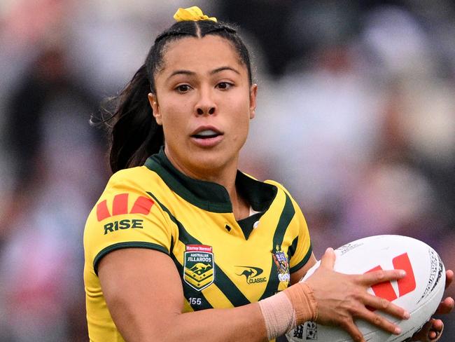 CHRISTCHURCH, NEW ZEALAND - OCTOBER 27: Tiana Penitani of Australia charges forward during the women's 2024 Rugby League Pacific Championships match between New Zealand Kiwi Ferns and Australia Jillaroos at Apollo Projects Stadium on October 27, 2024 in Christchurch, New Zealand. (Photo by Joe Allison/Getty Images)