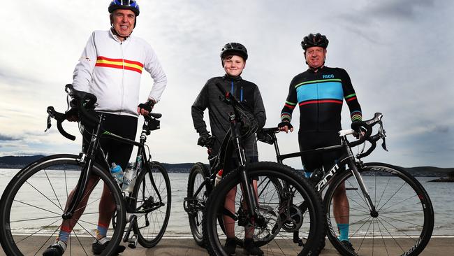 David Rees president of Ten Lives, Liam Westerberg 11 of Hobart, Wayne Chapman of Hobart who are all taking part. Start of the Tour de Ten Lives at Sandy Bay to raise money for Ten Lives Building Project as part of the Ten Lives Cat Centre. Picture: NIKKI DAVIS-JONES