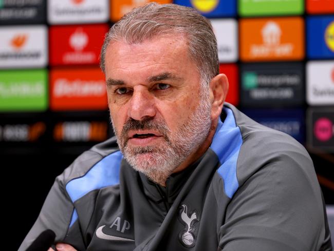 ENFIELD, ENGLAND - NOVEMBER 27: Ange Postecoglou, Manager of Tottenham Hotspur, speaks to the media during the UEFA Europa League 2024/25 League Phase MD5 press conference at Tottenham Hotspur Training Centre on November 27, 2024 in Enfield, England. (Photo by Harry Murphy/Getty Images)