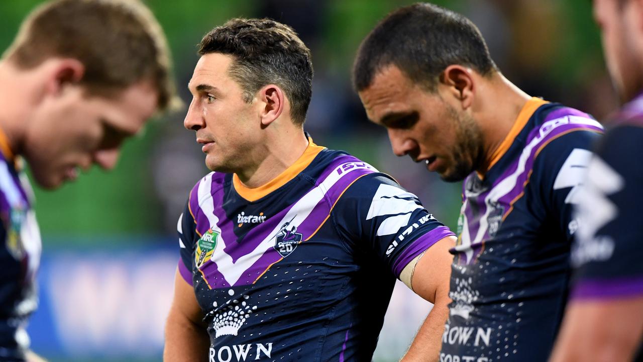 Melbourne Storm’s Billy Slater and Will Chambers. (AAP Image/Joe Castro)