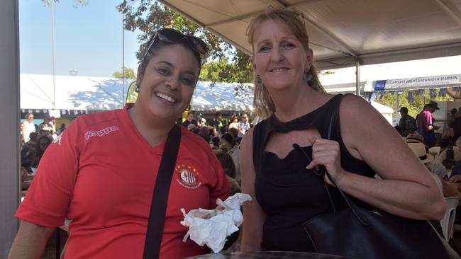 Ngaree Ah Kit and Lynley Rich were among thousands of Territorians enjoying the 2023 Greek GleNTi on the Darwin Esplanade. June 10, 2023. Picture: Sierra Haigh