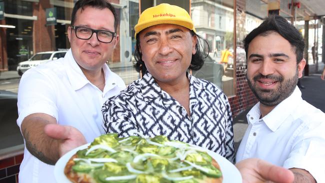 Indian curry pub You My Boy chef Janos Roman, owner Jessi Singh and chef Nishant Arora are bringing global food trend Indian pizzas to Melbourne. Picture: David Crosling