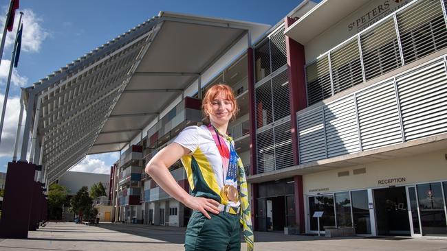 Mollie O'Callaghan at St Peters Lutheran College Springfield with Olympic medals. PICTURE: Brad Fleet