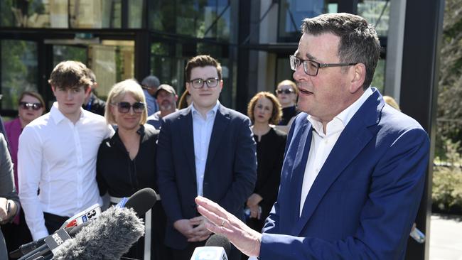 Daniel Andrews announces his retirement at Parliament House in Melbourne, watched on by his wife Catherine and kids. Picture: NCA NewsWire / Andrew Henshaw