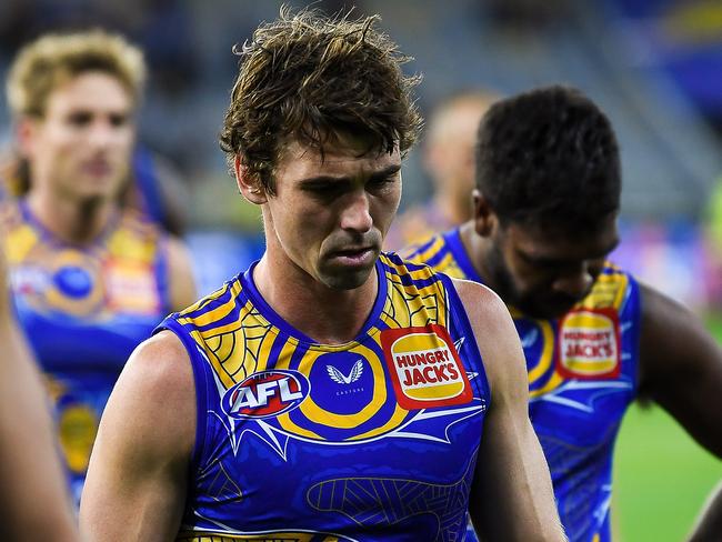 PERTH, AUSTRALIA - MAY 29: Jamie Cripps of the Eagles looks dejected after a loss during the 2021 AFL Round 11 match between the West Coast Eagles and the Essendon Bombers at Optus Stadium on May 29, 2021 in Perth, Australia. (Photo by Daniel Carson/AFL Photos via Getty Images)