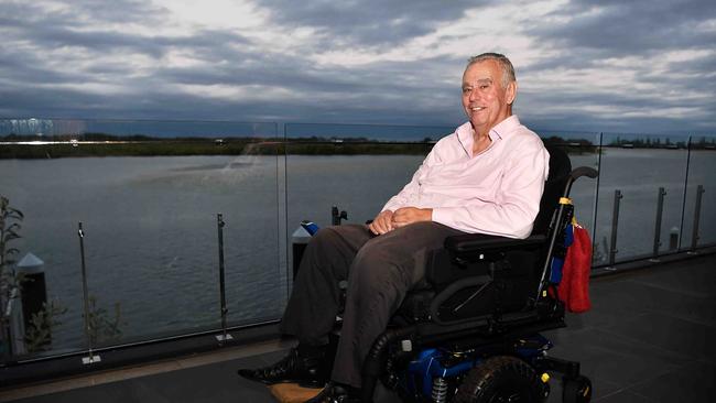 Former Sunshine Coast councillor and Wallabies coach John Connolly fell 2m at his father’s home just over a year ago. He broke his neck, has no feeling below his chest and is now in a wheelchair. Picture: Patrick Woods.