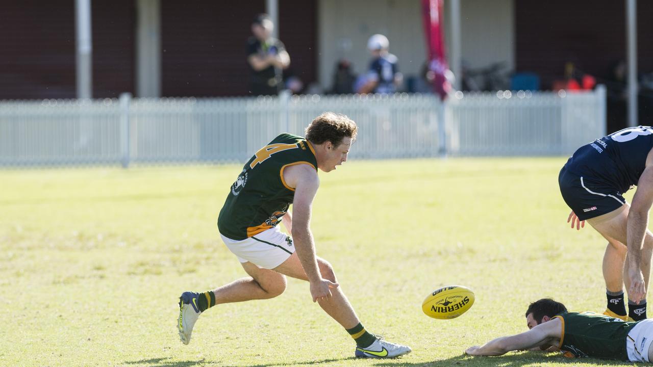 Patrick Inglis of Goondiwindi Hawks against Coolaroo in AFL Darling Downs Allied Cup senior men grand final at Rockville Park, Saturday, September 2, 2023. Picture: Kevin Farmer