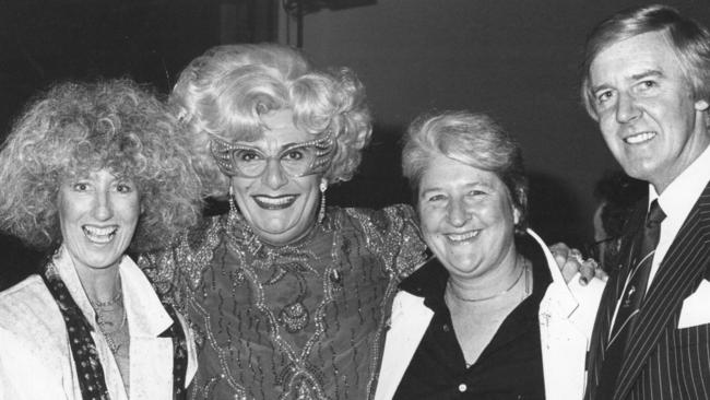 Peggy Carter, Barry Humphries, in character as Dame Edna Everage, swimmer Dawn Fraser, and singer Barry Crocker.