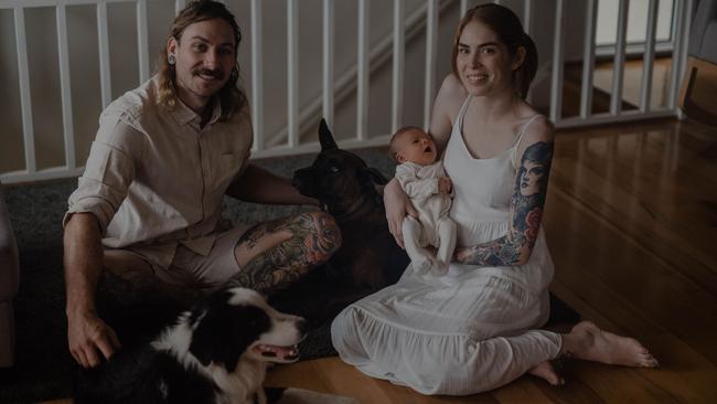 New mother Brooke McLellan and her partner Lachlan Murray with their five-week-old son Parker Murray. Picture: Kayla Ellery.