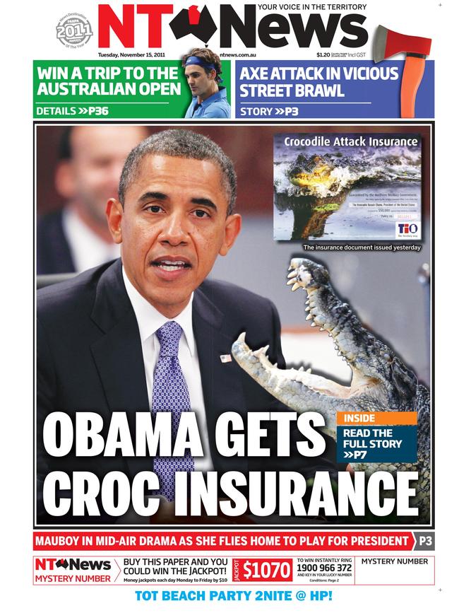 The front page of the NT News on November 15, 2011, in the lead-up to US President Barack Obama's visit to Darwin.