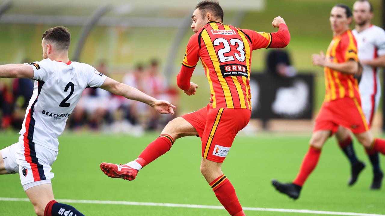 Christian Esposito of Metro Stars has a shot at goal during the match between MetroStars and  South Adelaide at T.K Shutter Reserve ,Klemzig Saturday June 15,2019.(Image AAP/Mark Brake)