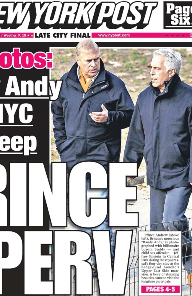 'Prince and perv' — The Prince Andrew and convicted sex-offender Jeffrey Epstein story led the <i>New York Post</i>. 