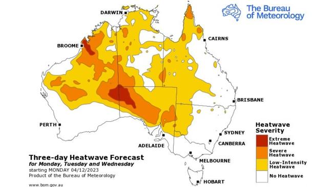 Heatwave warnings cover large parts of Australia this week. Picture: BOM.