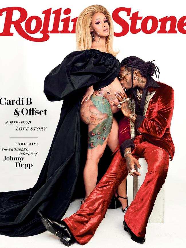 A pregnant Cardi B on the cover of Rolling Stone with her husband, Offset. Picture: Rolling Stone